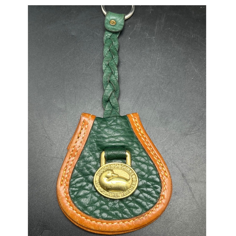 Vtg Dooney & Bourke AWL Dbl key fob Ivy green/British tan‎ solid brass duck logo